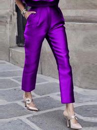 Women Pants High Elastic Waist Purple Summer Office Lady Work Casual Pencil Capris with Pockets Shiny Trousers for Woman 4XL 240309