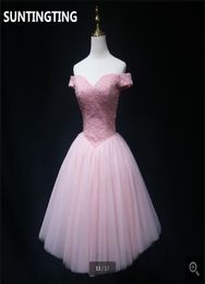 2020 real picture pink short prom dress beaded pearls off the shoulder sexy v neck prom gowns petite knee length cocktail party dr9849712