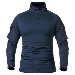 Mens Long Sleeve Army Combat Shirt 1/4 Zipper Ripstop Cotton Military Tactical Shirts Navy Blue Camoufalge Airsoft T Shirts 240313