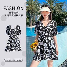 Women's Swimwear Korean Plus Size One Piece Swimsuit Women Skirt Floral Print Short Sleeved V-neck Beach Spring Suit Summer
