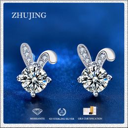 Genuine S925 Silver Moissanite Earrings Cute Rabbit Design Girls Stud Earring Jewellery Free Shipping