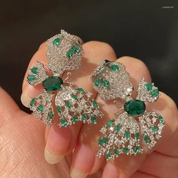 Stud Earrings Green Butterfly Drop For Women 925 Silver Needle Shine Zirconia Luxury Party Accessories Fine Vintage Jewelry