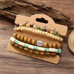 Strand Retro Art Style Bracelet For Men Small Fresh Flower Pattern Multi Piece Set Wooden Bead Korean Layered