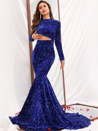 Classy Long Sleeve Royal Blue Sequined Prom Dresses Mermaid Jewel Neck Maxi Vestidos de noche Sweep Train Evening Dresses for Women