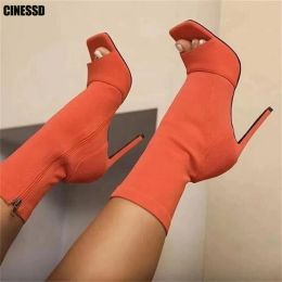 Boots Women Peep Toe Mid Calf Sock Boots 2022 Autumn Woman Stretch Fabric Zipper Thin High Heels Ladies Square Toe Pumps Female Shoes