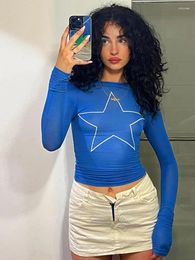 Women's T Shirts Blue Star Print Graphic Long Sleeve Women T-shirt Bodycon Slim Bottoming Crop Top INS Harajuku Casual Y2K E-girl Tees