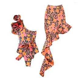 Women's Swimwear Flower Print Lotus Leaf Shoulder Swimsuit Luxury Strap Irregular Beach Skirt Sexy Split High Waist Bikini Push-Ups 2024