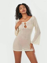 Casual Dresses Women S Knit Crochet Mini Dress Summer Cutout V-Neck Long Sleeve Backless Vintage Hollow Out Short