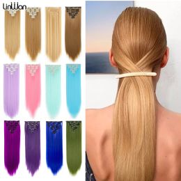 Piece Piece 22 Inch 16 Clips in Hair Long Straight Hairstyle Synthetic Blonde Black Hairpieces Heat Resistant False Hair Linwan