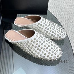 Slippers Concise White Leather Crystal Inlaid Flat-bottomed Mules Round Toe Women's Outdoor Summer Brand Shoes