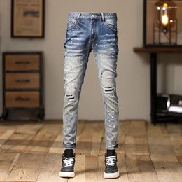 Men's Jeans High Street Fashion Men Retro Light Blue Stretch Skinny Fit Ripped Painted Designer Patched Hip Hop Denim Pants