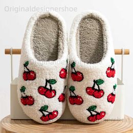Slippers Cute Little Cherry Slippers Women Fluffy Cherries Fur Plush House Shoes Female Bedroom Comfy Home Flat Slip-on Slides New T240323