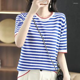 Women's T Shirts Summer Short Sleeved O-neck Loose Cotton Striped Pullover Tank Top T-shirt Knitted Casual Comfortable Sweater