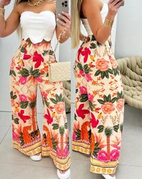 Women's Two Piece Pants Women 2024 Spring Summer Bandeau Asymmetrical Top & Tropical Floral Animal Geometric Print Vacation Daily Set