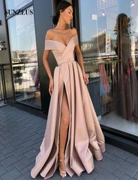 Off The Shoulder Floor Length Long Champagne Evening Dresses 2019 Women Simple Satin Formal Dress Side Slit Party Gowns vestidos f2506621