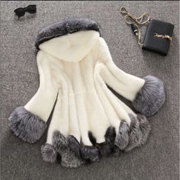 New Faux Fur Artificial Womens White Rabbit Mink Winter Hooded Coat