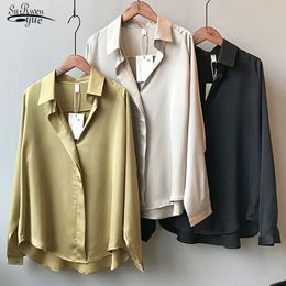 2024 Summer Spring Casual Blouse Women Fashion Long Sleeves Tops Vintage Femme V Neck Shirts Elegant Sexy Silk Blouse 5273 240312