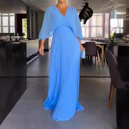 Casual Dresses Elegant 2024 V-Neck Backless Lady Evening Dress Chic Solid Bat Sleeve Pleat Party Luxury Women Waist Draped Maxi