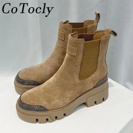 Boots Cow Suede Motorcycle Boots Women Round Toe Slipon Flat Platform Shoes Woman Thick Sole String Bead Short Boots Woman Botas