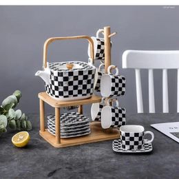 Teaware Sets Tea Pot And Cup Set Ceramic Coffee Black White Grid Filter Teapot Home Afternoon With Wooden Shelf