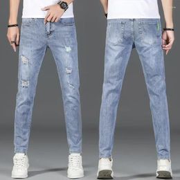 Men's Jeans Elastic Slim Fit Light Blue Korean Fashion Hole Pants Youth Casual Ripped Denim Trousers