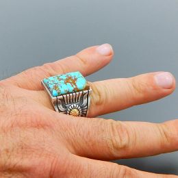 Bohemian Vintage Large Blue Stone 14K Gold Ring Turkish Cuban Carved Pattern Knuckle Rings Anillo Man Women
