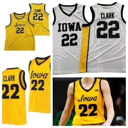 2022 New NCAA Iowa Hawkeyes Basketball Jersey 22 Caitlin Clark College Size Youth Adult White Yellow Round Collor