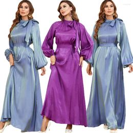 Ethnic Clothing Modest Muslim Moroccan Jalabiya Dubai Arab Oman Maxi Dress For Women Brief Solid Bow Stand Collar Lantern Sleeve Robe Party