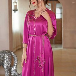 Ethnic Clothing Satin Diamonds Muslim Women Maxi Dress 2024 Fashion Moroccan Kaftan Dubai Abaya Turkey Evening Party Gown Jalabiya Robe Arab