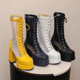Boots 2023 Europeanstyle Summer Goth Punk Platform Shoes Block High Heel Mesh Cross Tied Blue Yellow Black Cool Sandal Boots Mid Long