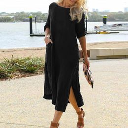 Casual Dresses Round Neck Loose Elegant Dress Summer Qutfits Cotton Linen Retro Long Sleeve Slit Beach Maxi Female