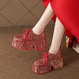 Kırmızı Yüksek Topuklu Kadın Parti Düğün Ayakkabıları Kalın Taban Moda Günlük Ayakkabı Tasarımcısı Bahar Yeni Baba Spor Ayakkabıları Boyut 35-40
