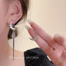 Dangle Earrings Niche Design Crescent Shaped Asymmetrical Tassel Earring With Moon Water Ripple Pattern Imitating Moonlight Stone