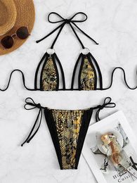 Women's Swimwear Sexy 2 Pieces Padded Triangle Bikini Set Snack Print Tie Strap Beachwear Bathing Suit Maillot Summer Holiday