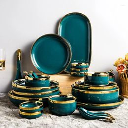 Dinnerware Sets Malachite Green Porcelain Set Electroplated Gold Rim Ceramic Tableware Easy Washed Bowl Plate Spoon Gift Box