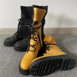 Boots 2022 Women Platform Cowhide ThickSoled Martin Boots Lace Up High Heels Back Zipper Round Toe Motorcycle Boot Knit Comfortable