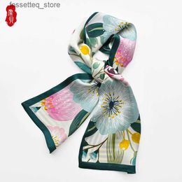 Handkerchiefs Green flower printing % silk scarf women luxury hair towel scarves for girls brand hijab headband bandana ribbon handkerchief L240322