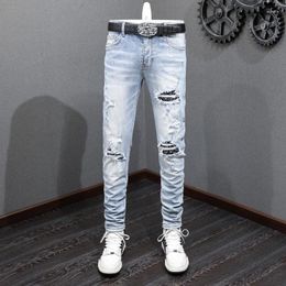 Men's Jeans Street Fashion Men Retro Light Blue Elastic Skinny Ripped Stretch Trousers Patched Designer Hip Hop Brand Pants