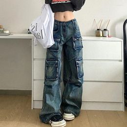 Women's Jeans American Retro Washed Multi-pocket Female Y2K High Street Fashion Trend Straight Slim Wide-leg Pants Tide Streetwear