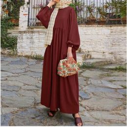 Ethnic Clothing Muslim Women's Wear Solid Color Round Neck Lantern Sleeve Loose Casual Fashion Dress Prom