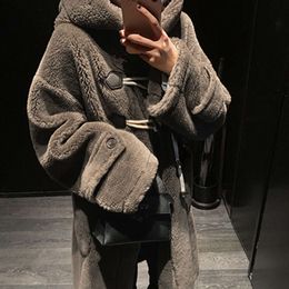 Haining Fur Brown Bear Horn Button Sheep Sheared Fleece Coat Female Lamb One Piece