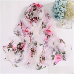 Scarves Chiffon Scarf For Women Peach Blossom Flower Printing Long Soft Wrap Ladies Breathable Shawl Drop Delivery Fashion Accessori Ots4X