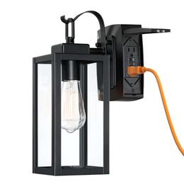 Pia Ricco Outdoor Porch Lights GFCI Outlet, Matte Black Outside Lantern with Clear Glass Shade, Waterproof Wall Mount Lighting Fixture, Exterior Sconce for