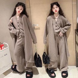 Clothing Sets Junior Girl's Casual Sweater Suit Clothes Kids Long Cardigan Jacket Knitted Vest Wide-Legged Pants 3 Pcs Set