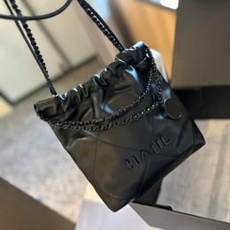 Ladeis Full Black Calfskin 22 Mini Shopping Shoulder Bags With Round Leather Starp Metal Hardware Matelasse Chain Crossbody Handbags Designer Outdoor Sacoche 23CM