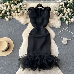 Women Chic Elegant Bow V Neck Mesh Sleeveless Bodycon Dress Sexy Fashion Slim Hip Wrap Dress 240402