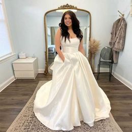 Civil Ivory A Line Wedding Dresses With Pocket Wide Strap Backless Bridal Gown Pleat Satin Country Wedding Gowns