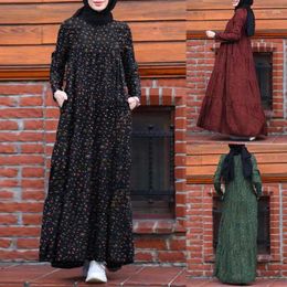 Casual Dresses Dubai Abayas Stylish Multi-layer Printed Back Zipper Cotton And Linen Vintage Dress For Women Muslim Elegant Turkish Long