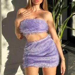 Work Dresses 2024 Female Tube Top And Mini Skirt Solid Colour Plush Off The Shoulder Crop 2 Piece Women Set Party Club Wear