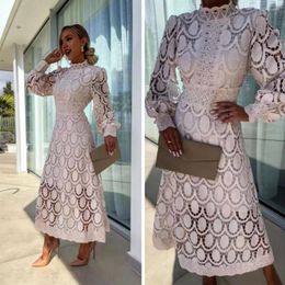 Casual Dresses Lace Evening Gown Elegant Maxi Dress With Bubble Sleeves Stand Collar Women's Hollow Out Tight Waist Double-layer For Ol